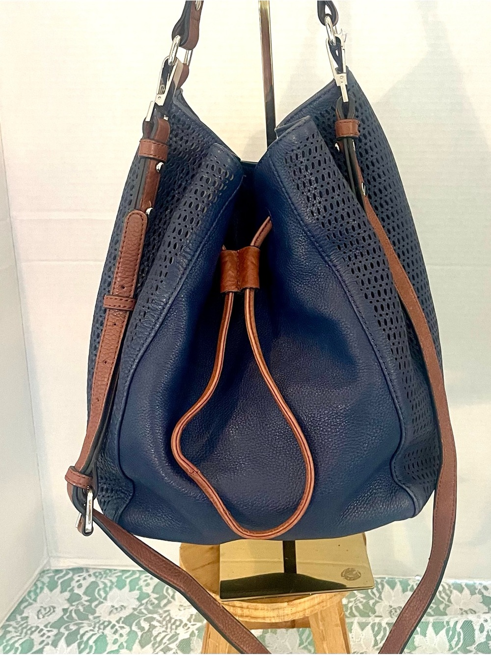Sanctuary brand leather bucket bag in navy blue